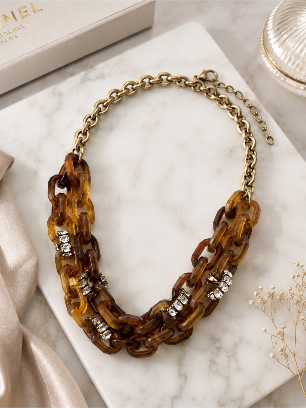 J. Crew Tortoiseshell Link Necklace with Crystal Accents in Brown and Amber